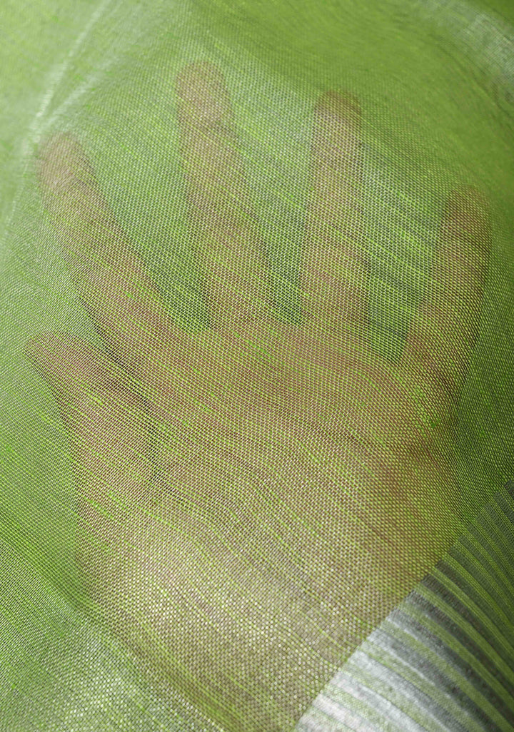 Light Green Tissue Linen Saree With Silver Zari Border