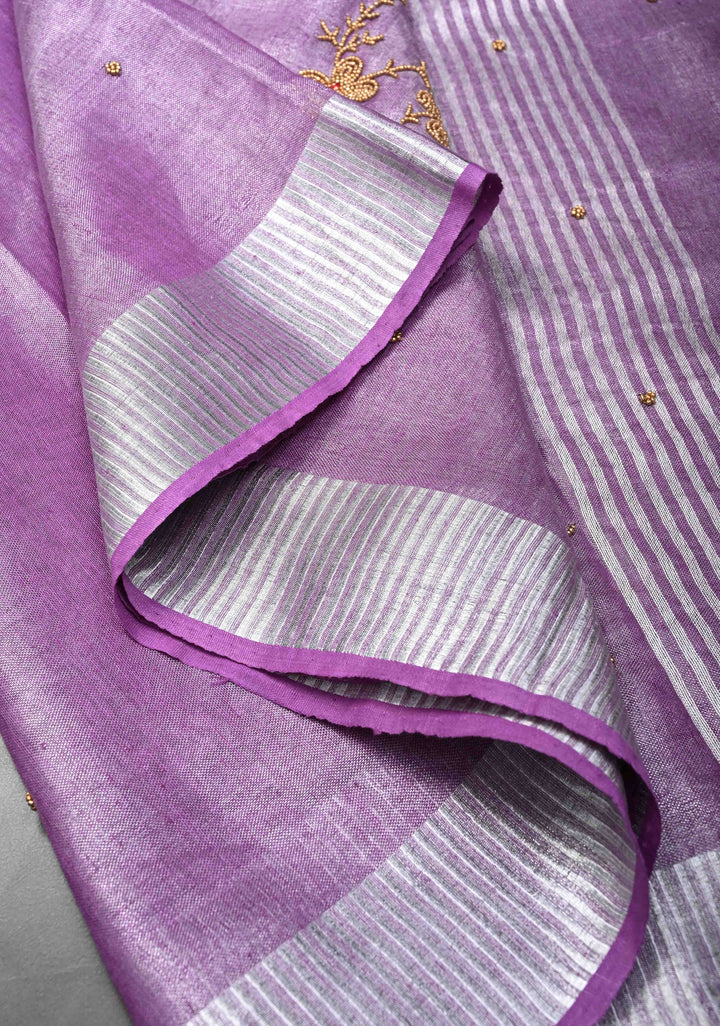 Pretty Lavender Tissue Linen Saree With Hand Beadwork with Silver Tissue