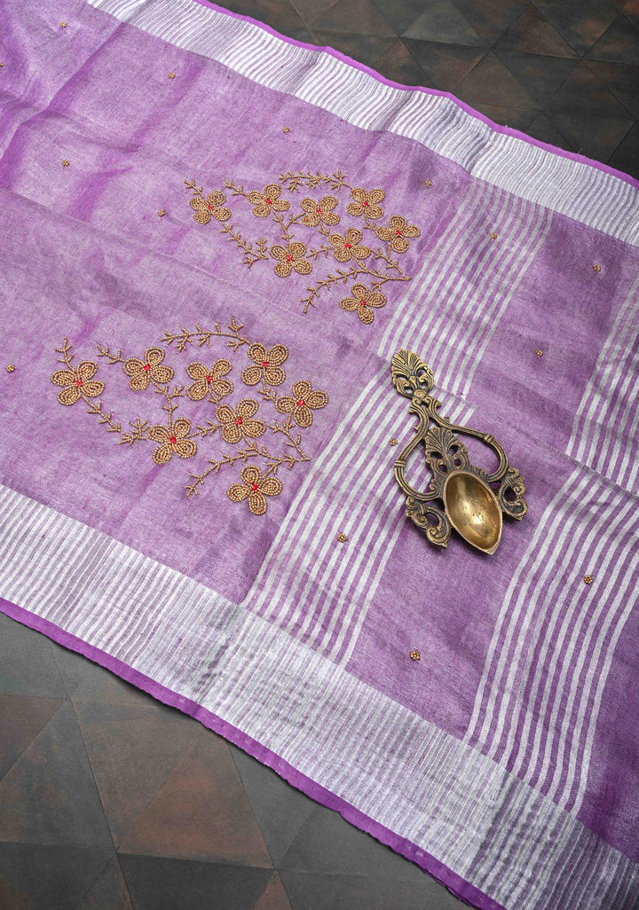 Pretty Lavender Tissue Linen Saree With Hand Beadwork with Silver Tissue