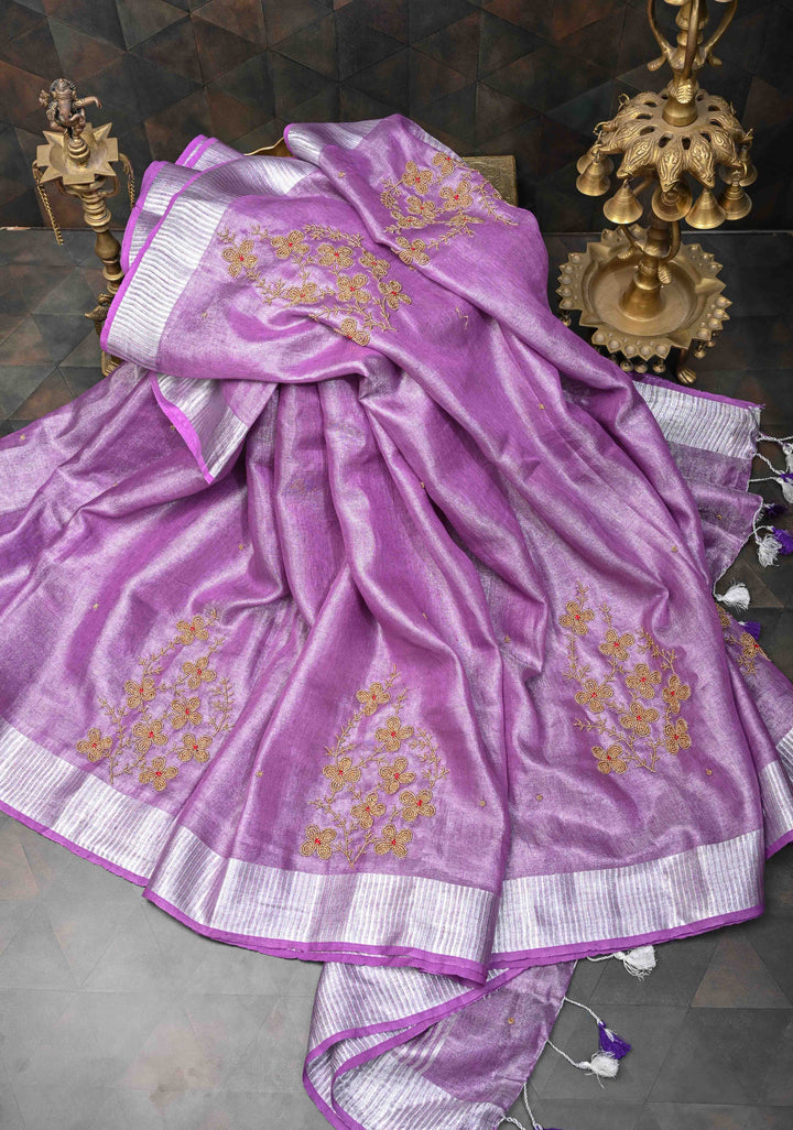 Pretty Lavender Tissue Linen Saree With Hand Beadwork with Silver Tissue