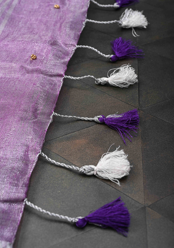 Pretty Lavender Tissue Linen Saree With Hand Beadwork with Silver Tissue