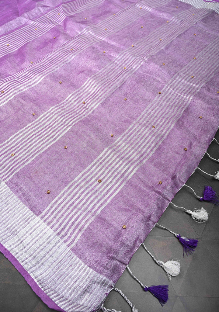 Pretty Lavender Tissue Linen Saree With Hand Beadwork with Silver Tissue