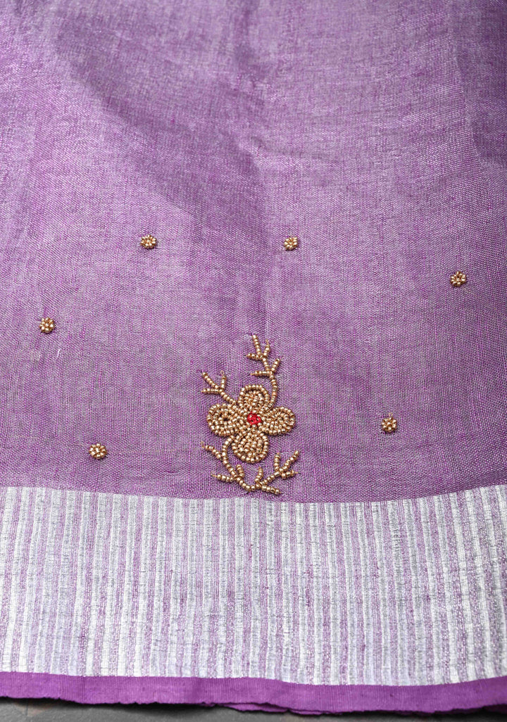 Pretty Lavender Tissue Linen Saree With Hand Beadwork with Silver Tissue