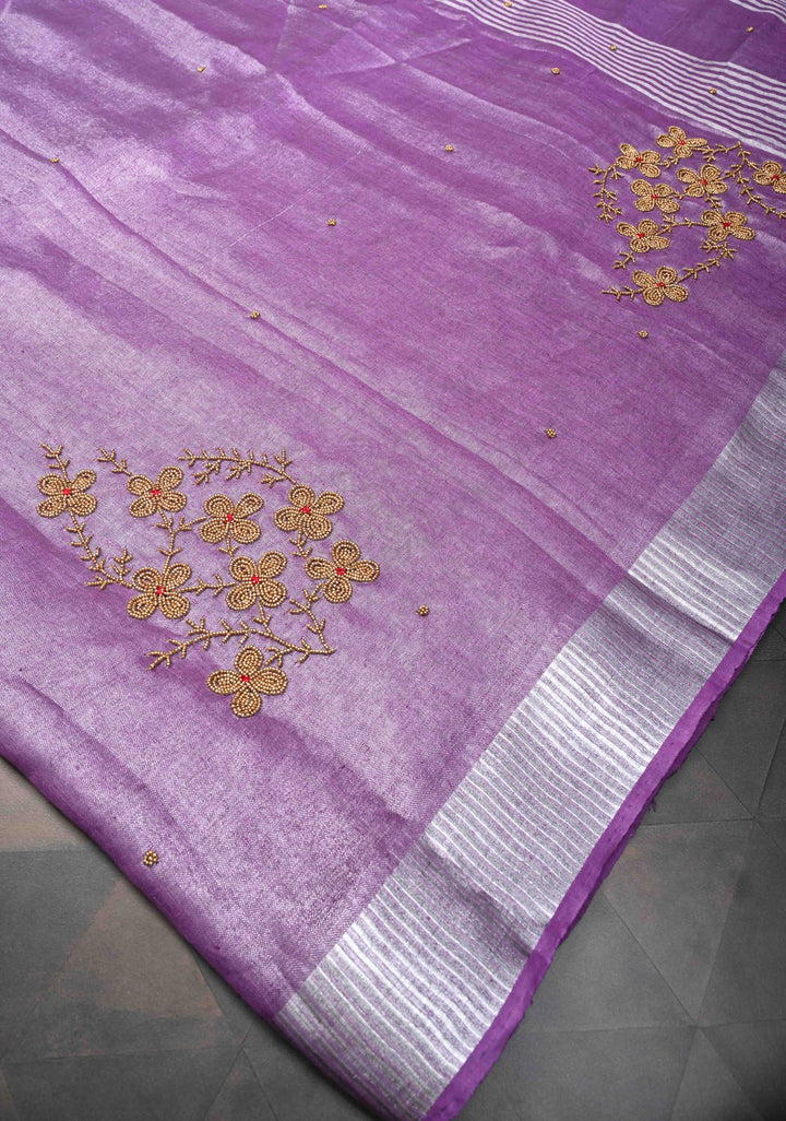 Pretty Lavender Tissue Linen Saree With Hand Beadwork with Silver Tissue
