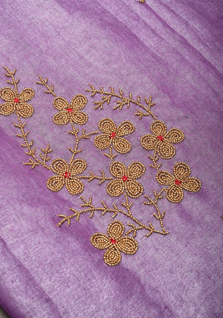 Pretty Lavender Tissue Linen Saree With Hand Beadwork with Silver Tissue