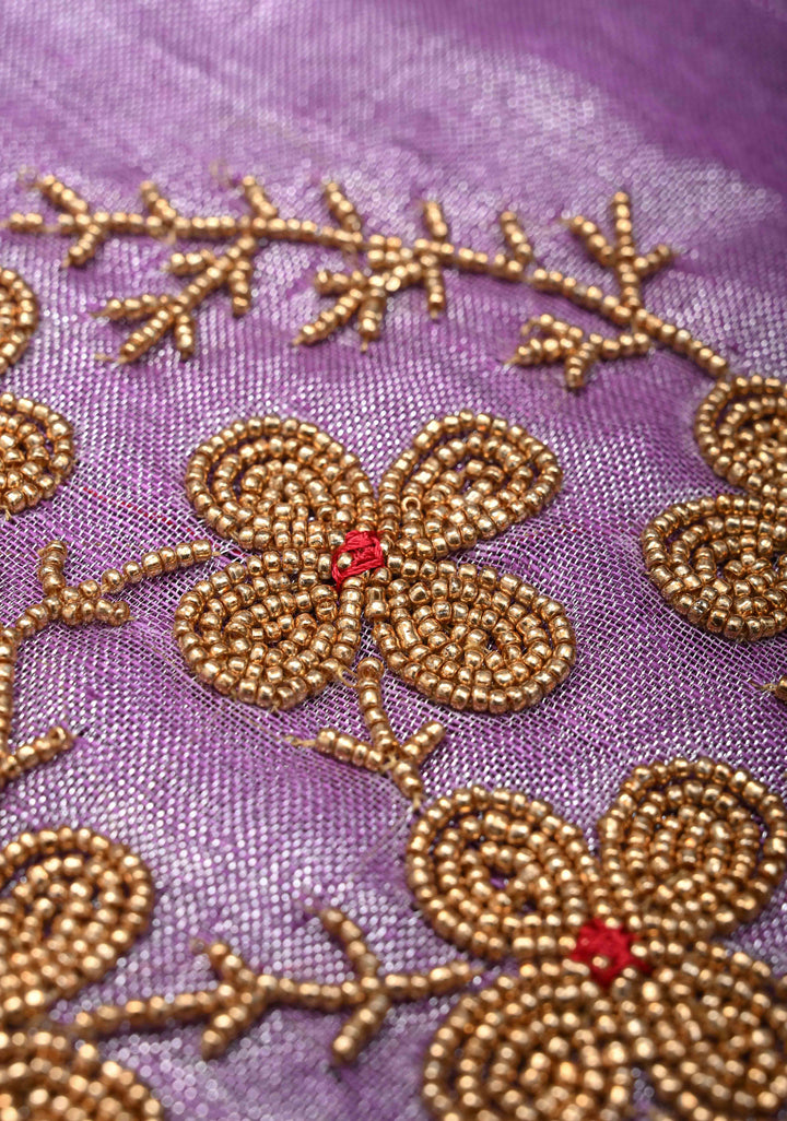 Pretty Lavender Tissue Linen Saree With Hand Beadwork with Silver Tissue