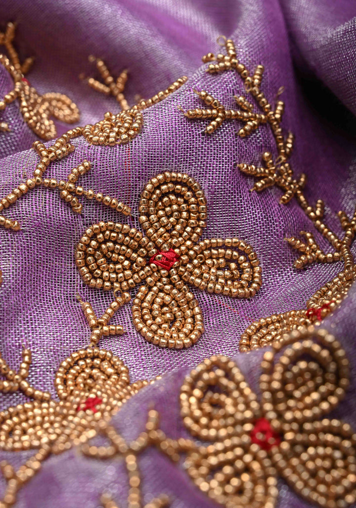 Pretty Lavender Tissue Linen Saree With Hand Beadwork with Silver Tissue