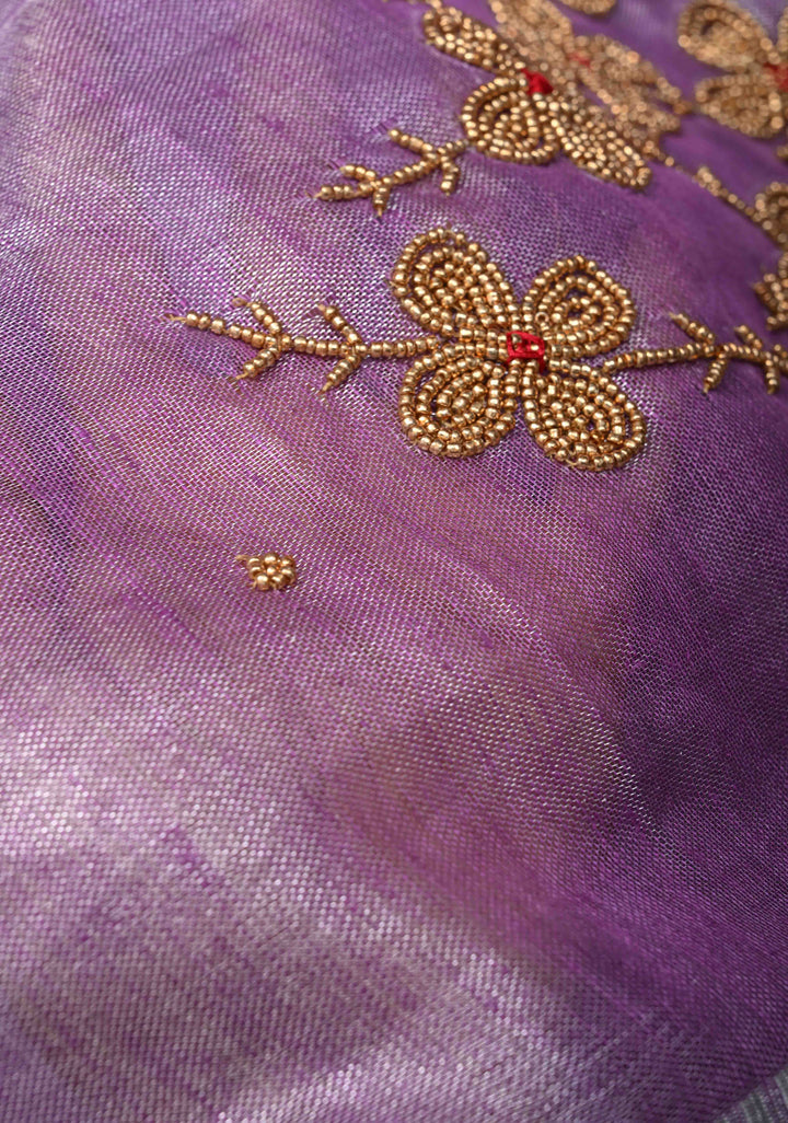 Pretty Lavender Tissue Linen Saree With Hand Beadwork with Silver Tissue
