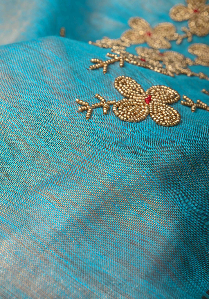 Bluish Cyan Tissue Linen Saree With Hand Beadwork with Golden Tissue