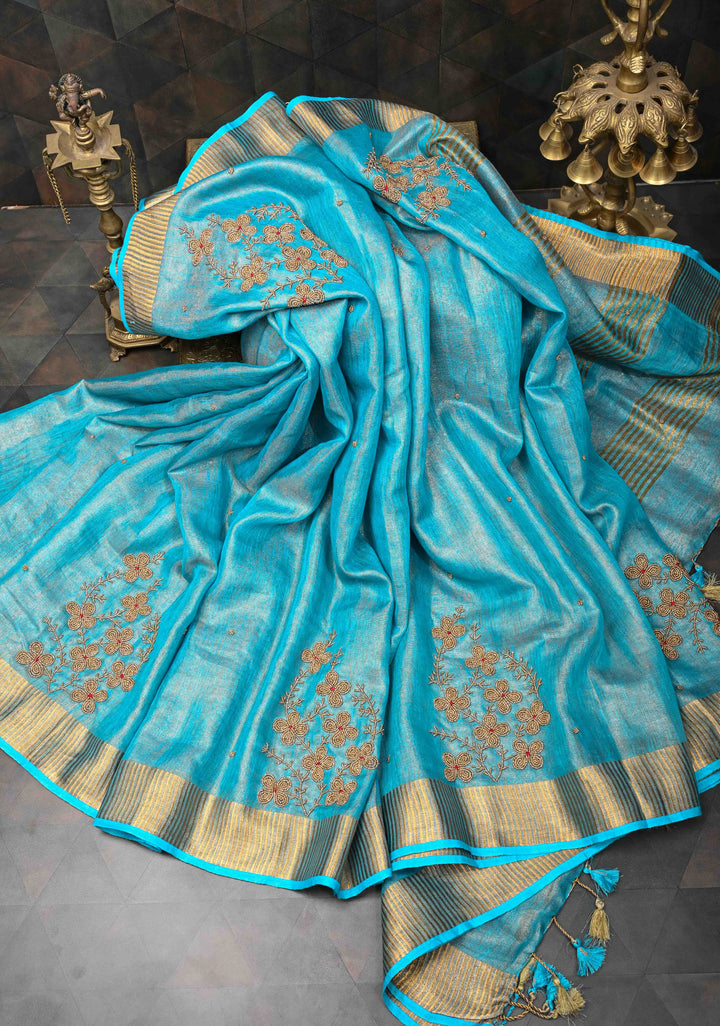 Bluish Cyan Tissue Linen Saree With Hand Beadwork with Golden Tissue