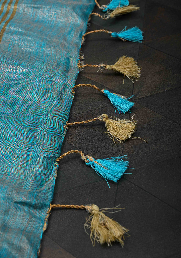 Bluish Cyan Tissue Linen Saree With Hand Beadwork with Golden Tissue