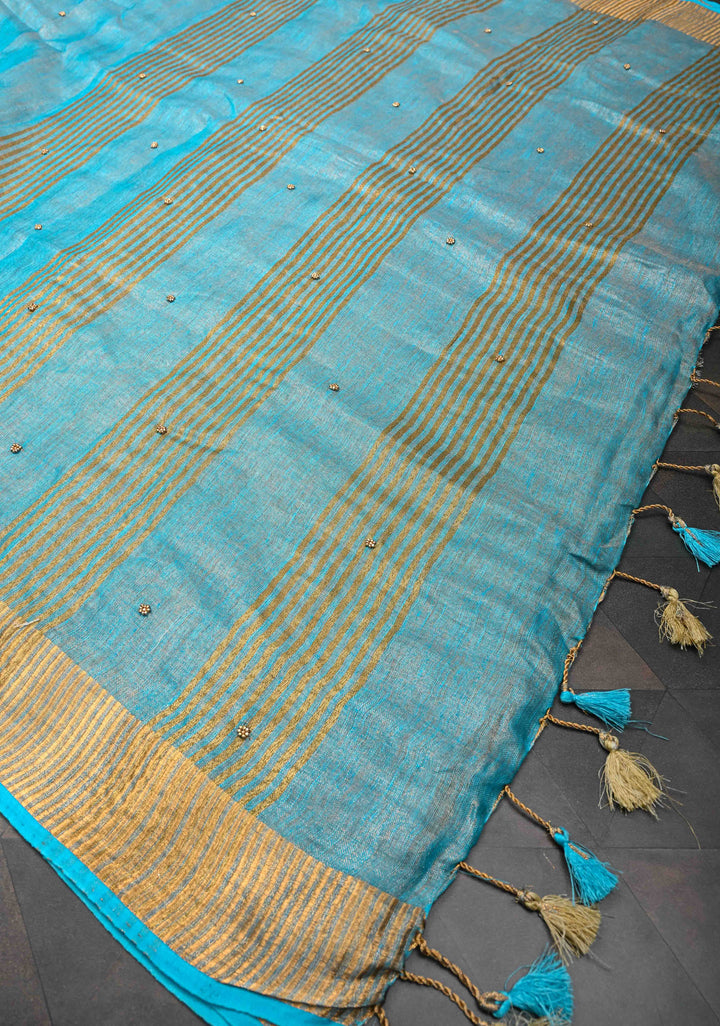 Bluish Cyan Tissue Linen Saree With Hand Beadwork with Golden Tissue
