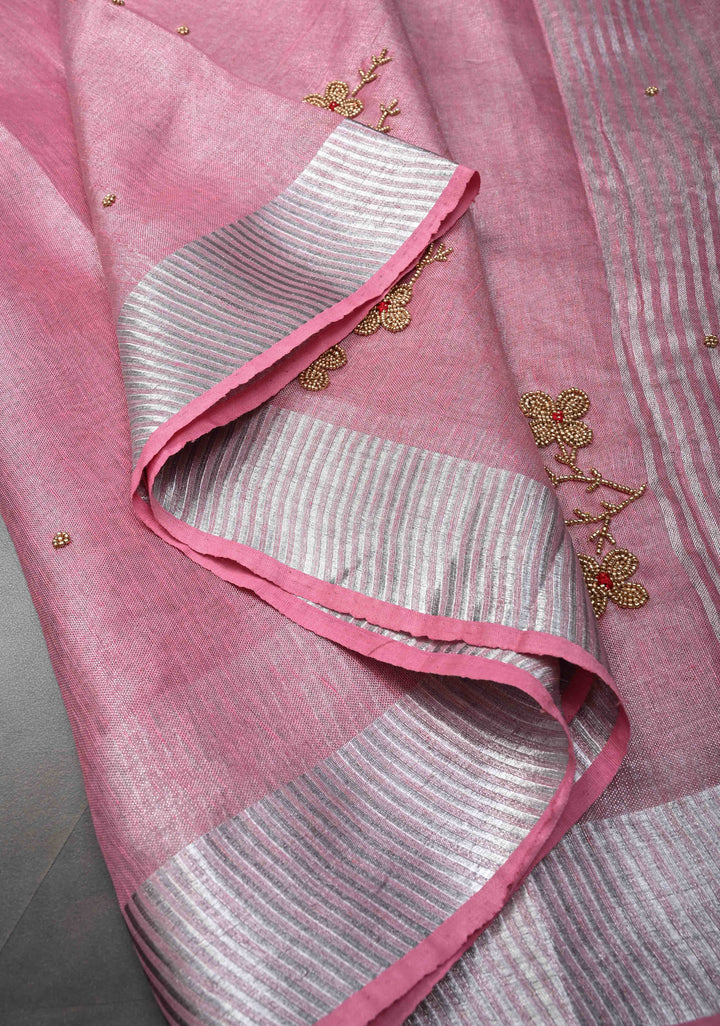 Pink Rose Tissue Linen Saree With Hand Beadwork with Silver Tissue