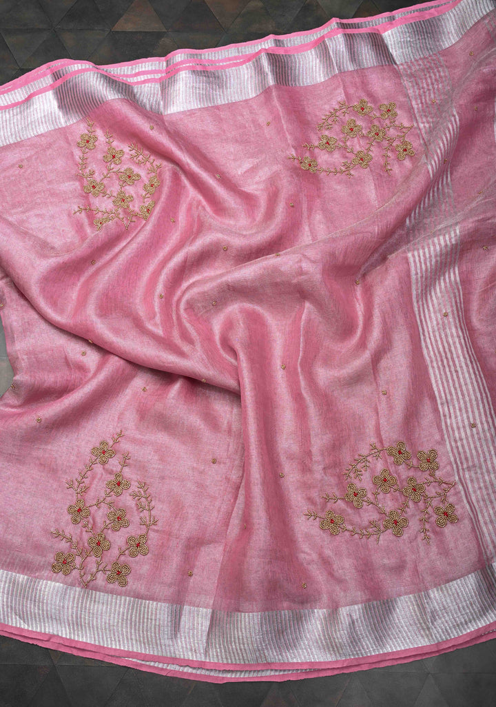 Pink Rose Tissue Linen Saree With Hand Beadwork with Silver Tissue