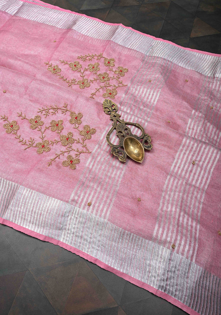 Pink Rose Tissue Linen Saree With Hand Beadwork with Silver Tissue