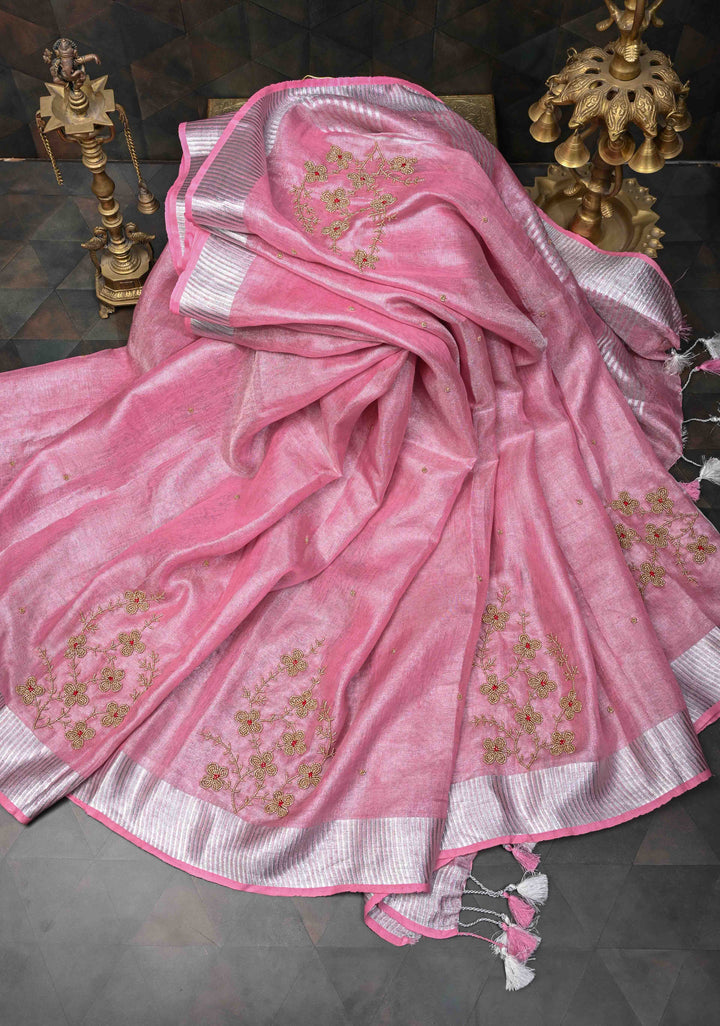 Pink Rose Tissue Linen Saree With Hand Beadwork with Silver Tissue