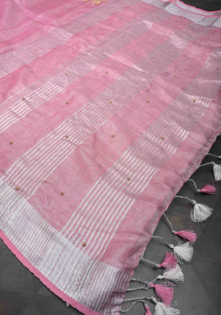 Pink Rose Tissue Linen Saree With Hand Beadwork with Silver Tissue