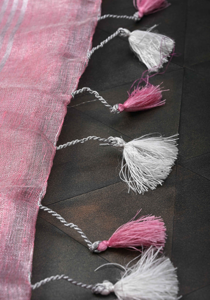 Pink Rose Tissue Linen Saree With Hand Beadwork with Silver Tissue
