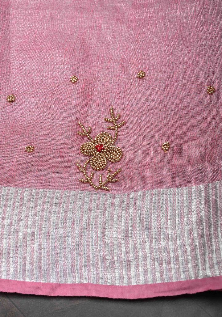 Pink Rose Tissue Linen Saree With Hand Beadwork with Silver Tissue