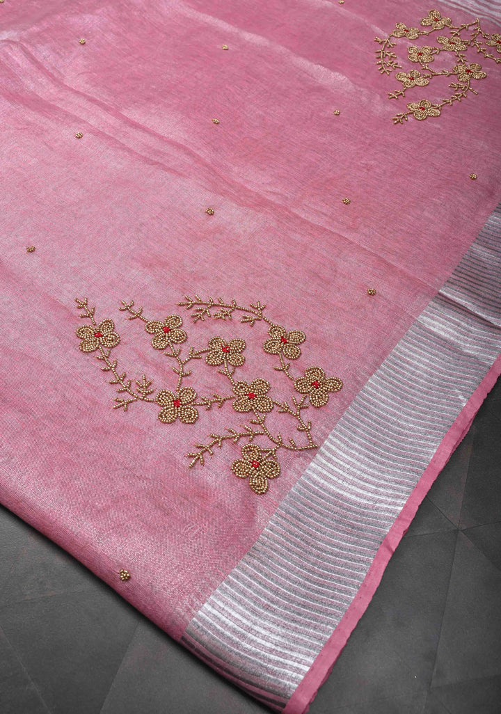 Pink Rose Tissue Linen Saree With Hand Beadwork with Silver Tissue