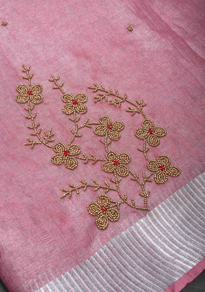 Pink Rose Tissue Linen Saree With Hand Beadwork with Silver Tissue