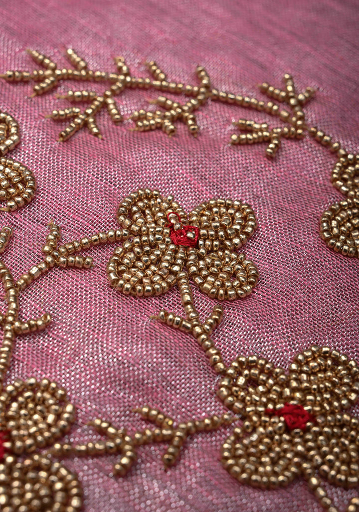 Pink Rose Tissue Linen Saree With Hand Beadwork with Silver Tissue