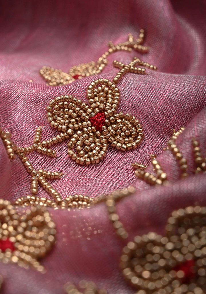 Pink Rose Tissue Linen Saree With Hand Beadwork with Silver Tissue