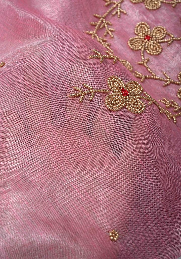 Pink Rose Tissue Linen Saree With Hand Beadwork with Silver Tissue