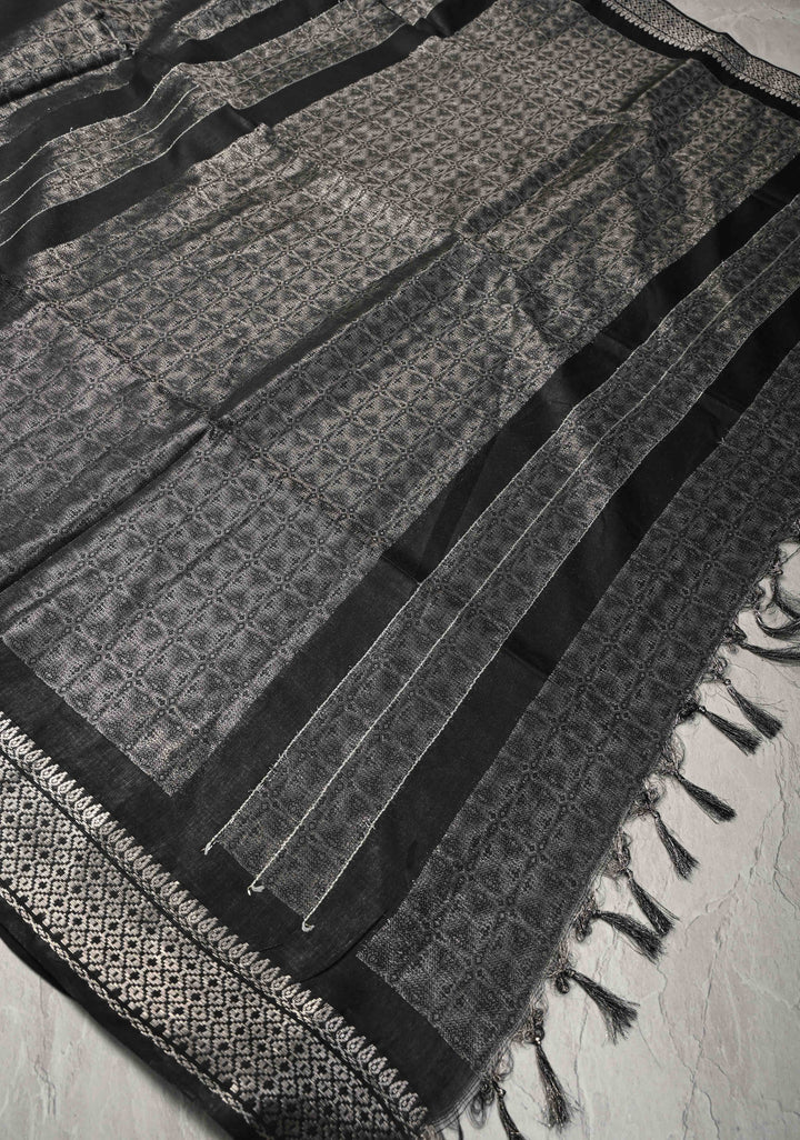 Black Semi Tussar Silver Tissue Saree with Zari Border