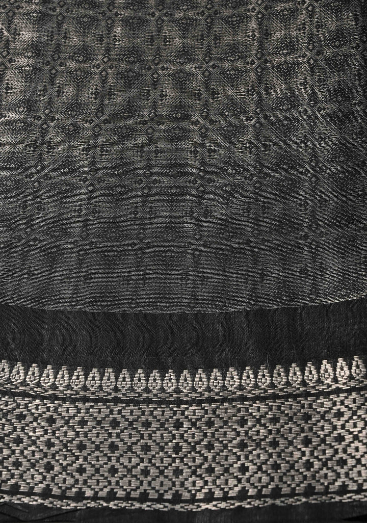 Black Semi Tussar Silver Tissue Saree with Zari Border