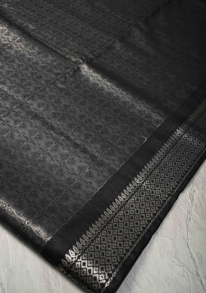Black Semi Tussar Silver Tissue Saree with Zari Border