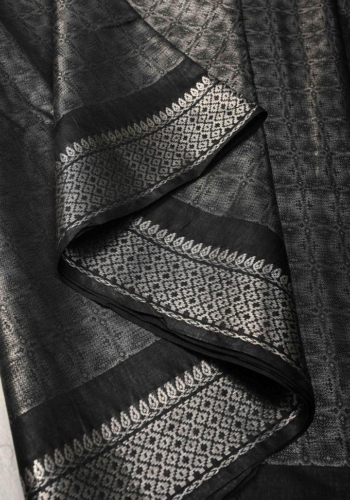 Black Semi Tussar Silver Tissue Saree with Zari Border