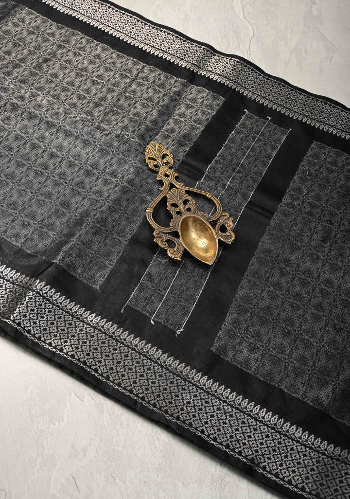 Black Semi Tussar Silver Tissue Saree with Zari Border