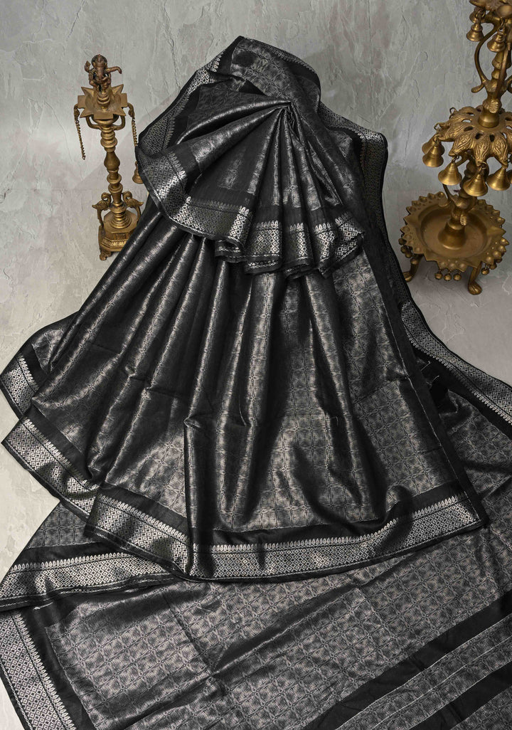 Black Semi Tussar Silver Tissue Saree with Zari Border