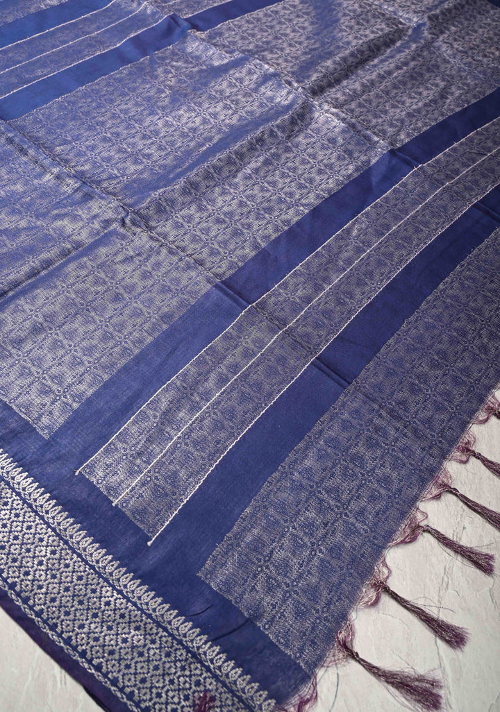 Navy Blue Semi Tussar Silver Tissue Saree with Zari Border
