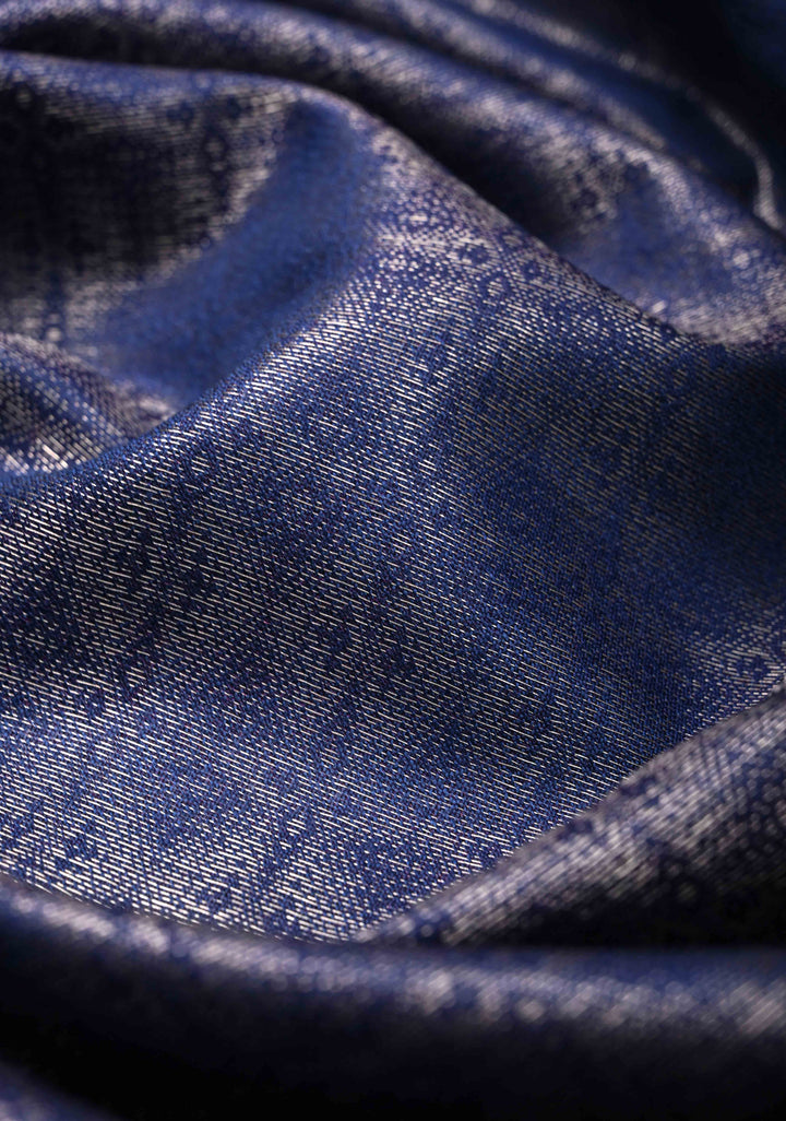 Navy Blue Semi Tussar Silver Tissue Saree with Zari Border