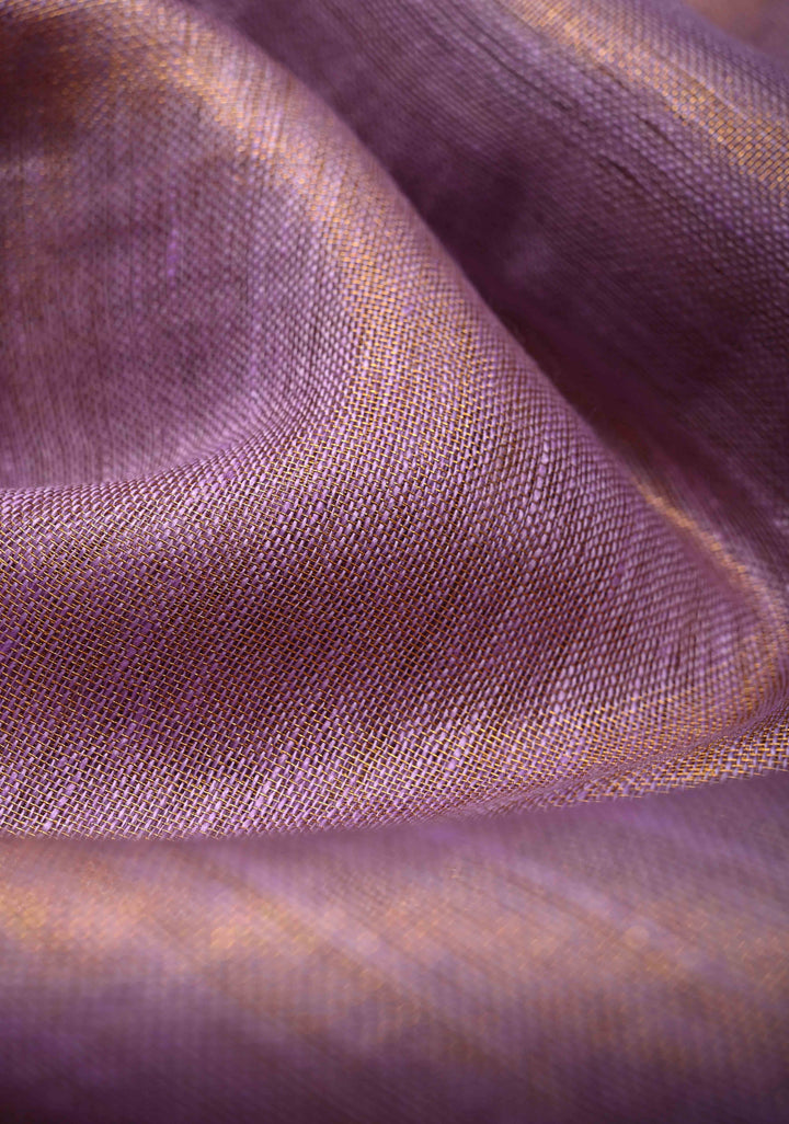 Lavender Tissue Body Linen Saree in Muted Antique Gold with Sona Rupa Polka Dots Skirt Border