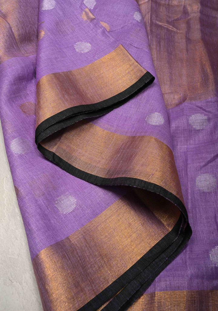 Lavender Tissue Body Linen Saree in Muted Antique Gold with Sona Rupa Polka Dots Skirt Border