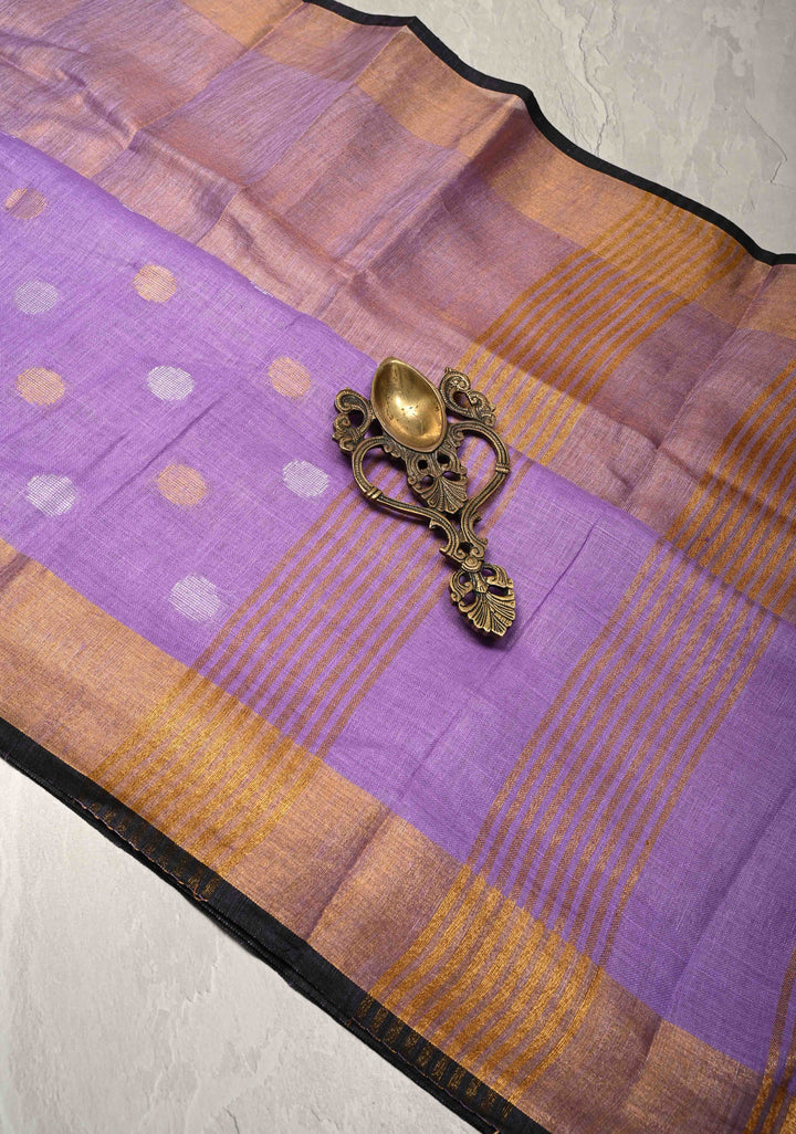 Lavender Tissue Body Linen Saree in Muted Antique Gold with Sona Rupa Polka Dots Skirt Border