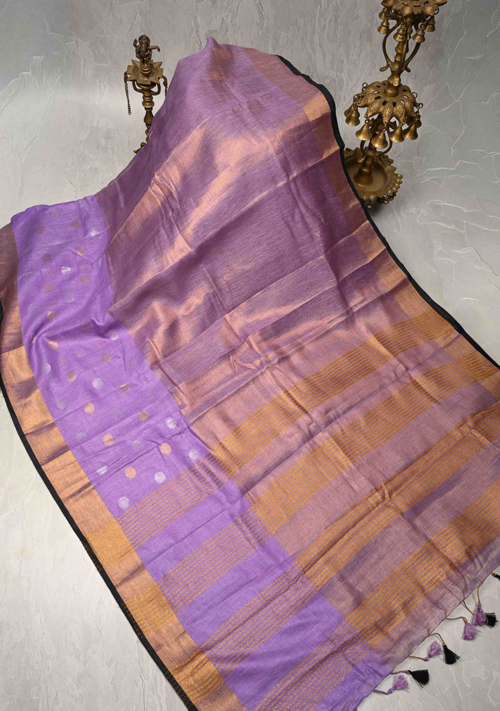 Lavender Tissue Body Linen Saree in Muted Antique Gold with Sona Rupa Polka Dots Skirt Border