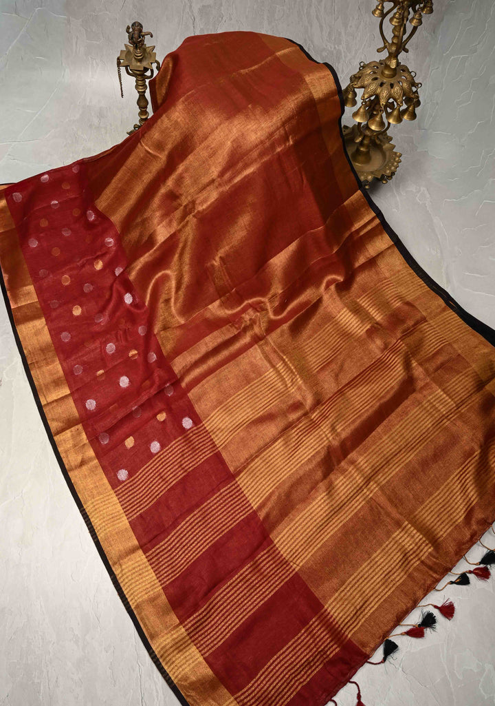 Maroon Tissue Body Linen Saree in Muted Antique Gold with Sona Rupa Polka Dots Skirt Border