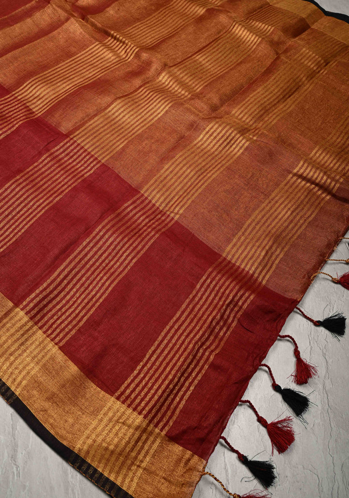Maroon Tissue Body Linen Saree in Muted Antique Gold with Sona Rupa Polka Dots Skirt Border