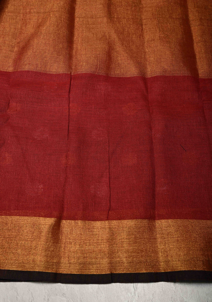 Maroon Tissue Body Linen Saree in Muted Antique Gold with Sona Rupa Polka Dots Skirt Border