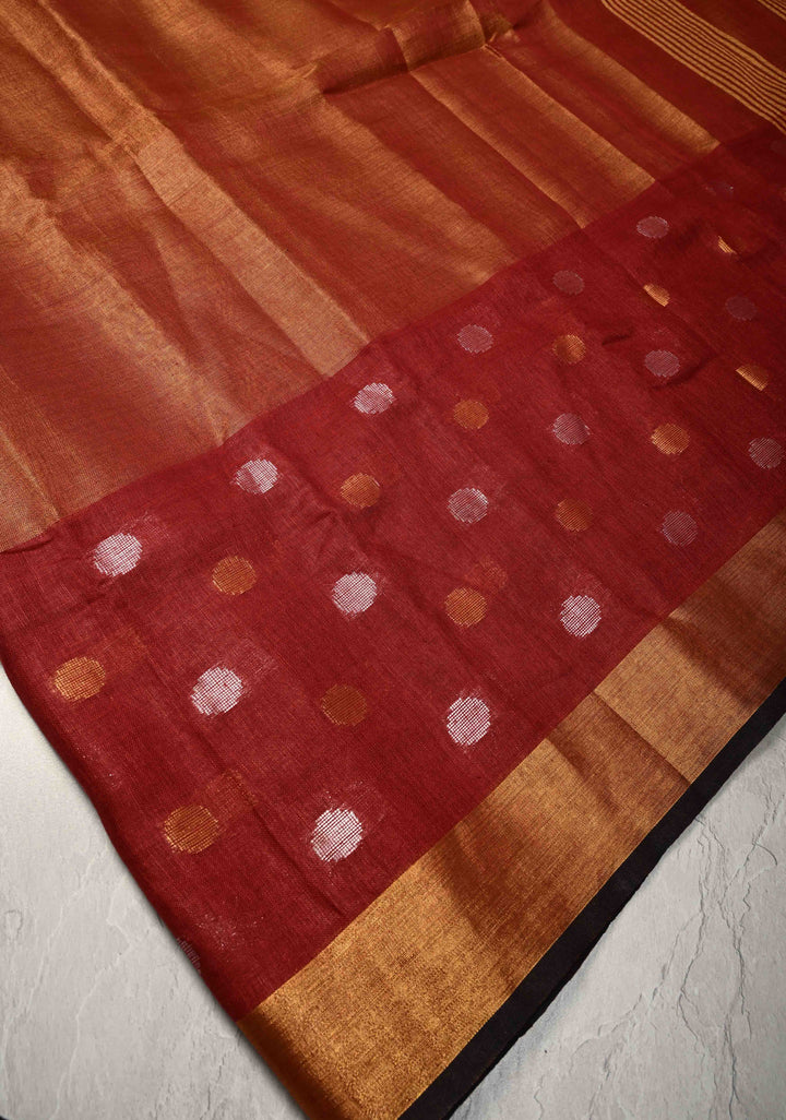 Maroon Tissue Body Linen Saree in Muted Antique Gold with Sona Rupa Polka Dots Skirt Border