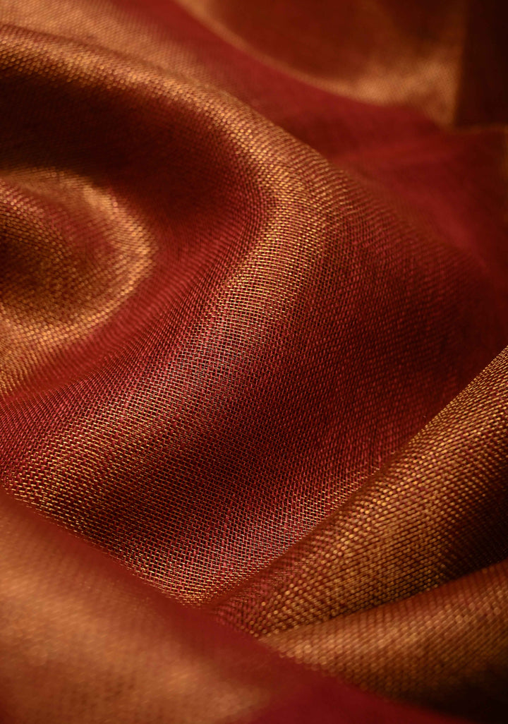 Maroon Tissue Body Linen Saree in Muted Antique Gold with Sona Rupa Polka Dots Skirt Border