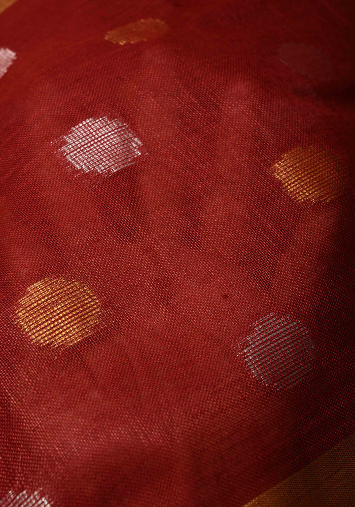 Maroon Tissue Body Linen Saree in Muted Antique Gold with Sona Rupa Polka Dots Skirt Border