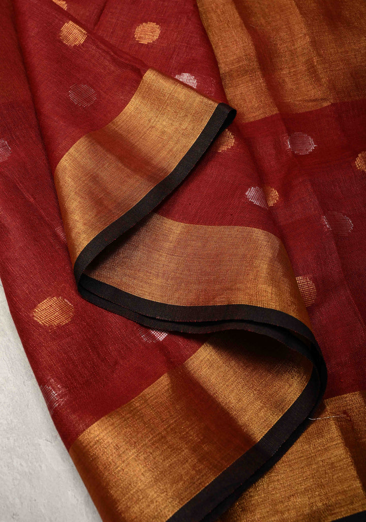 Maroon Tissue Body Linen Saree in Muted Antique Gold with Sona Rupa Polka Dots Skirt Border