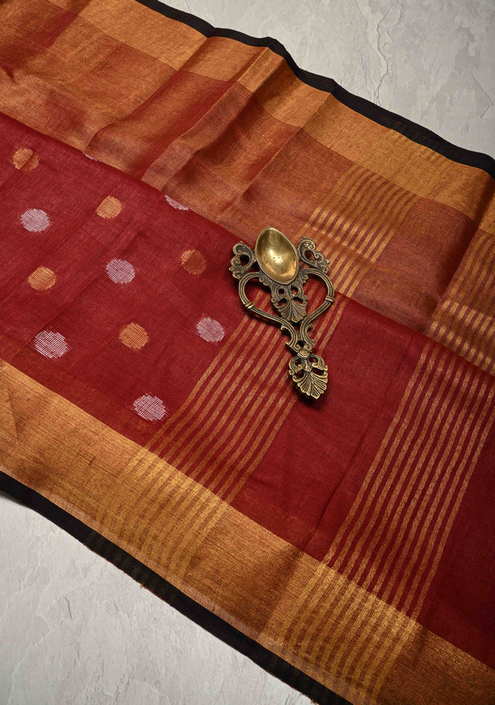 Maroon Tissue Body Linen Saree in Muted Antique Gold with Sona Rupa Polka Dots Skirt Border