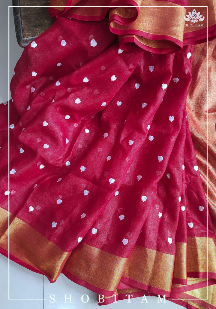 Loving Hearts Embroidered Cherry Plum Pure Tone Linen Saree