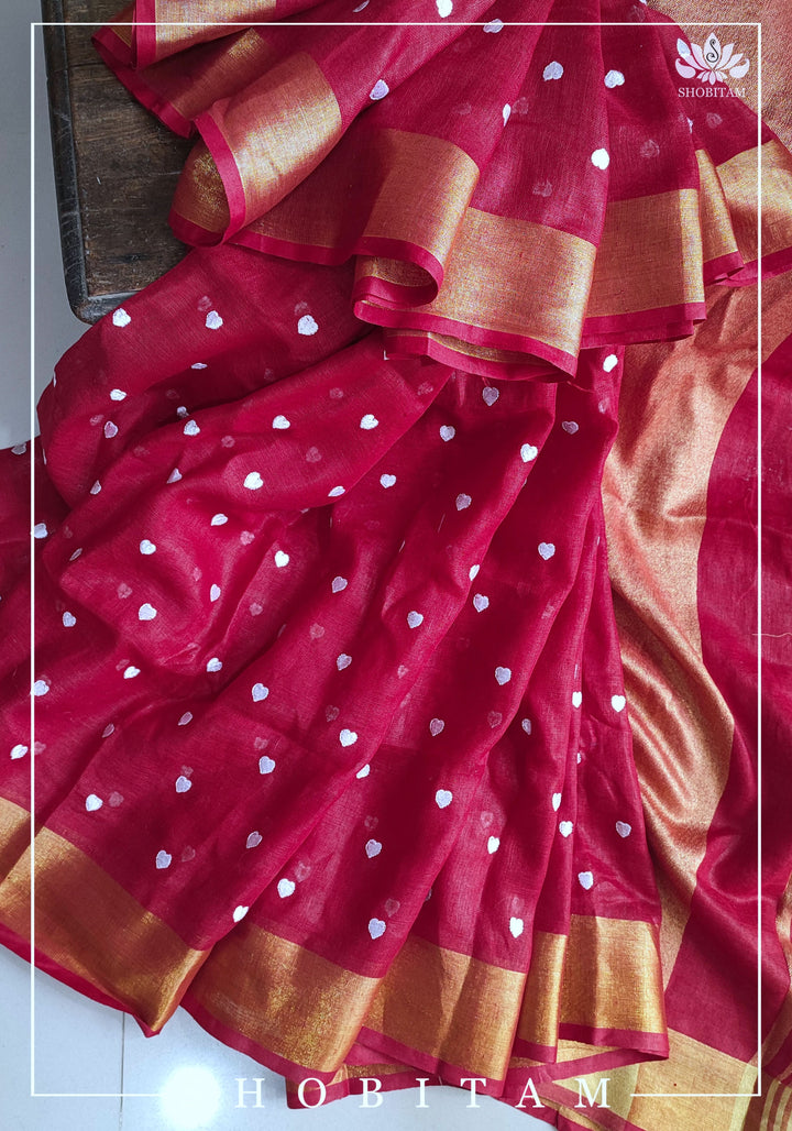 Loving Hearts Embroidered Cherry Plum Pure Tone Linen Saree